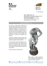 PARIS 8e (Paris, 75). Parc Monceau, statue du Joueur de billes en dépôt à Ivry-sur-Seine (COARC) et en restauration à l'INP. Observation des marbres blancs en œuvre | LEROUX, (L.)